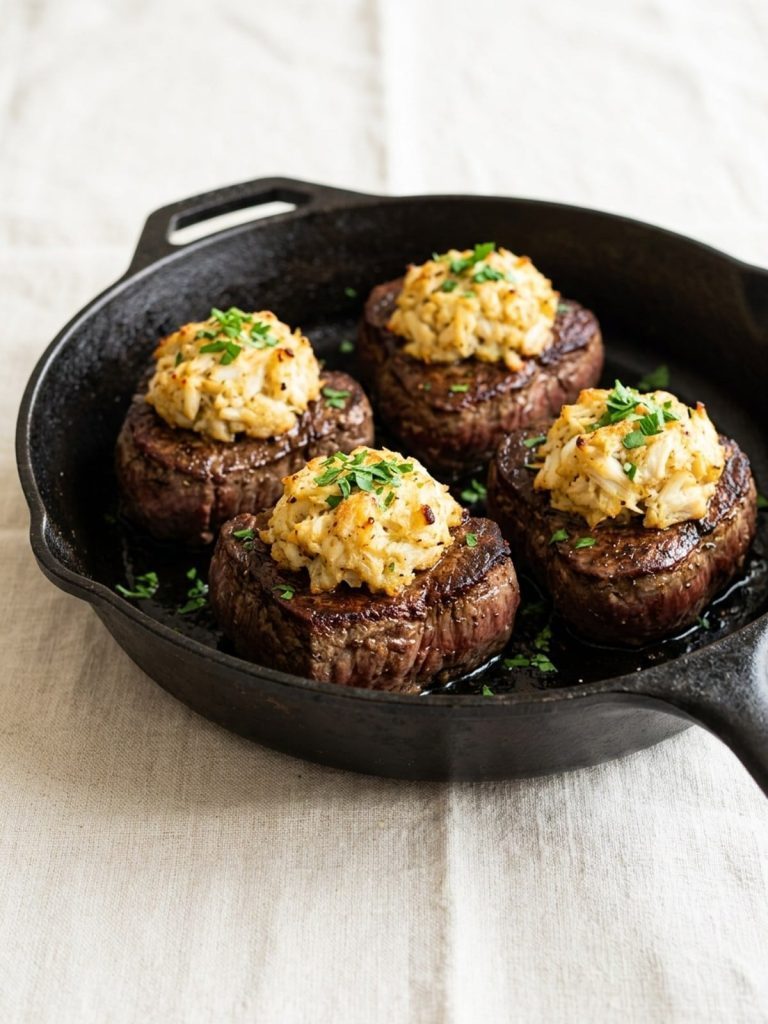 Four crab-topped filet mignon steaks in a cast iron skillet