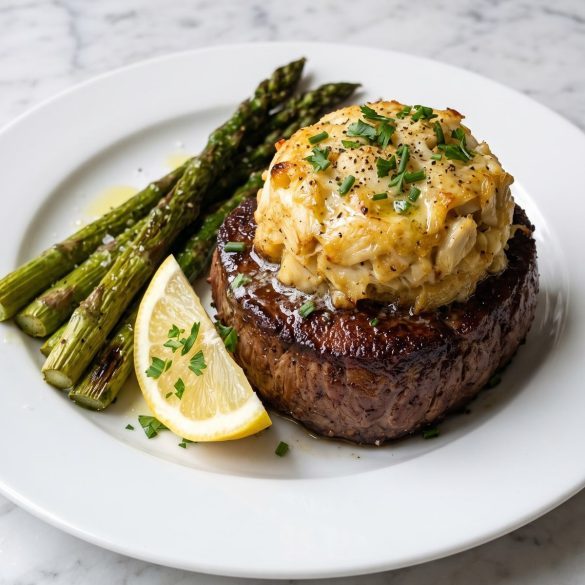 A seared filet mignon topped with golden baked lump crab on a plate with asparagus