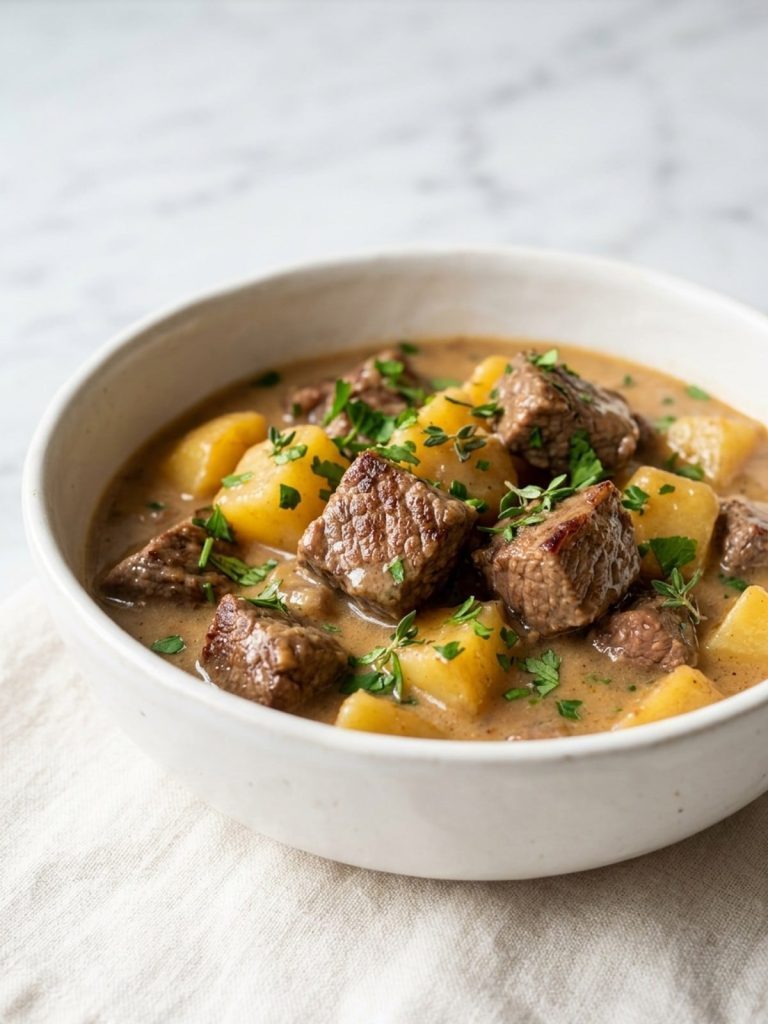 Close-up of browned steak cubes and potato cubes in a creamy beef broth