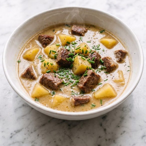 A bowl of creamy steak and potato soup with browned sirloin cubes, potatoes and chives