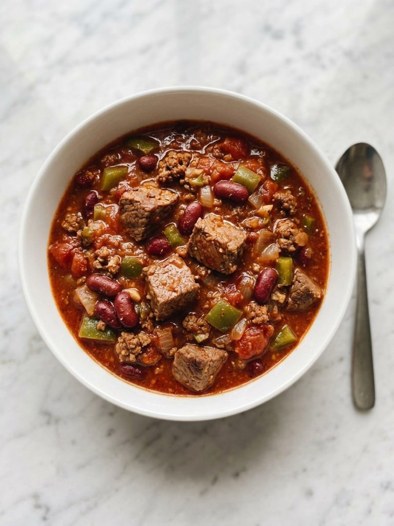 A white bowl filled with beef and steak chili showing tender cubes of sirloin, kidney beans, peppers and tomato in a thick red sauce