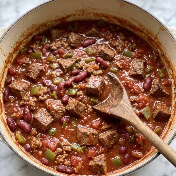 A cream Dutch oven of chunky beef and steak chili with sirloin cubes, kidney beans and peppers