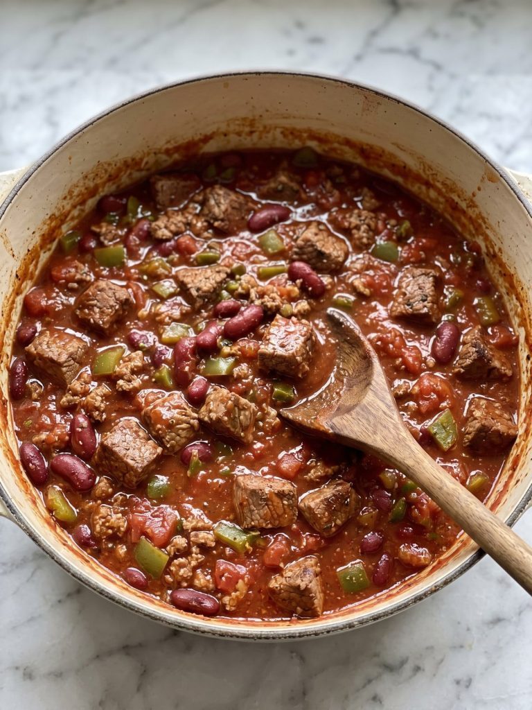 A cream Dutch oven of chunky beef and steak chili with sirloin cubes, kidney beans and peppers