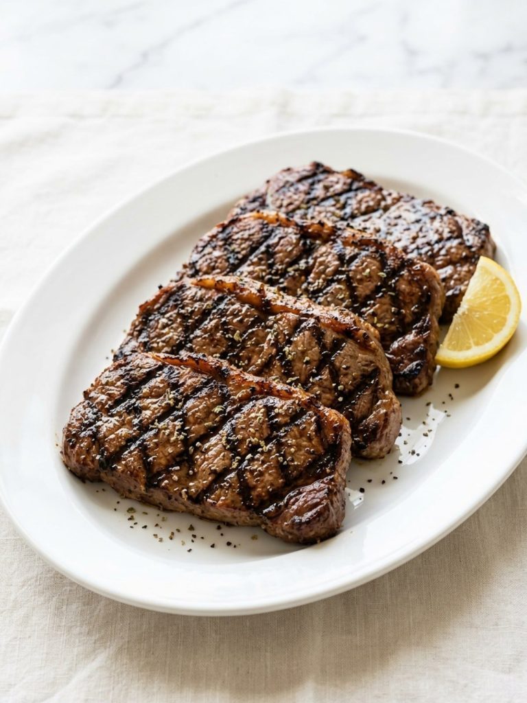 Several grilled marinated steaks resting on a white platter