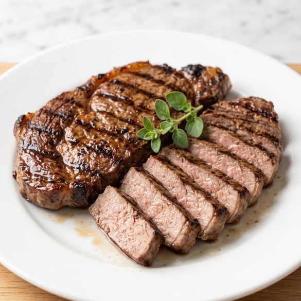 A grilled marinated sirloin steak sliced against the grain on a plate