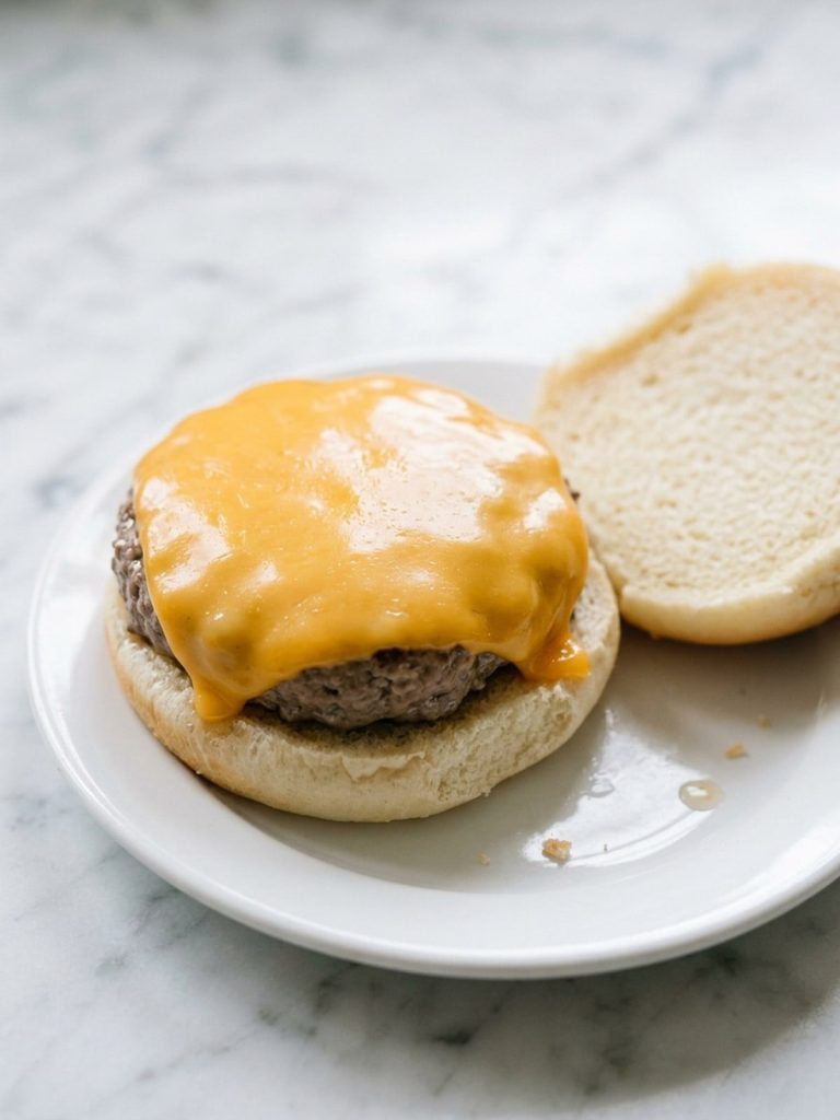 Close view of a steamed burger patty with melted American cheese on a soft bottom bun