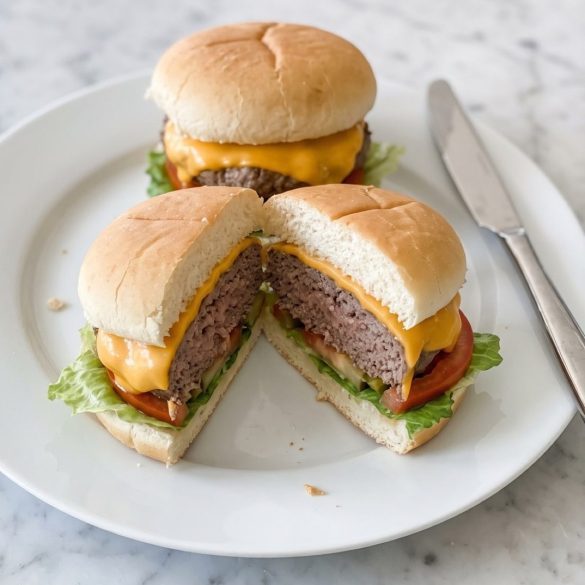 Two steamed cheeseburgers on soft rolls with melted American cheese on a white plate