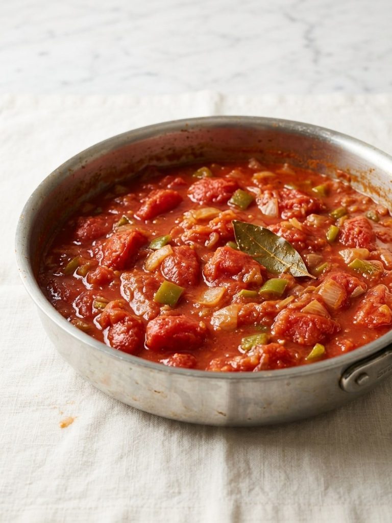 Stewed tomatoes simmering with onion and bell pepper in a skillet