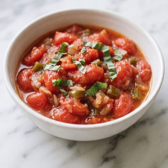 A bowl of homemade stewed tomatoes with onion, green pepper and fresh basil