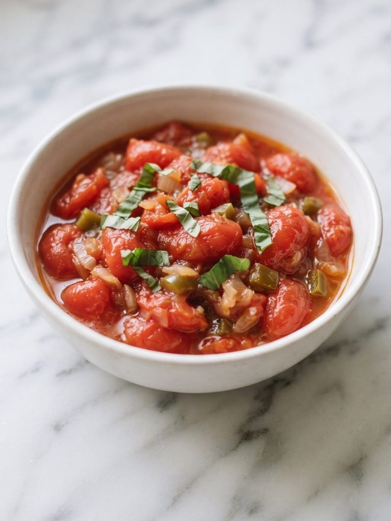 A bowl of homemade stewed tomatoes with onion, green pepper and fresh basil