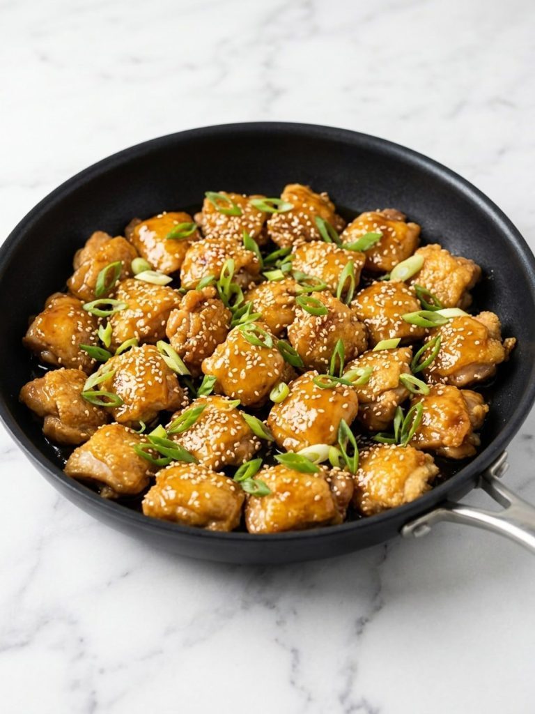 Sticky chicken bites tossed in a glossy honey soy sauce in a nonstick frying pan