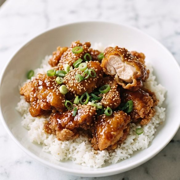 A bowl of sticky chicken bites in a glossy honey soy sauce over white rice with scallions and sesame seeds