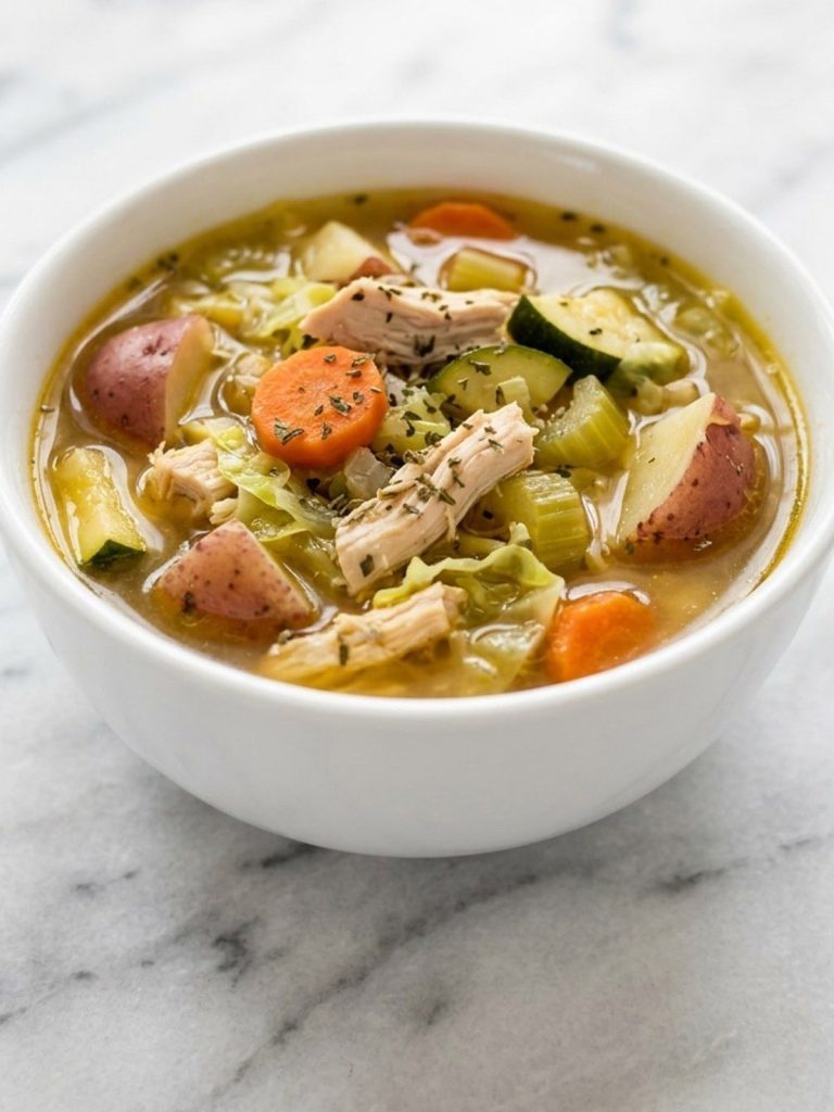 Close-up of stone soup with shredded chicken, red potatoes, zucchini and carrots in broth
