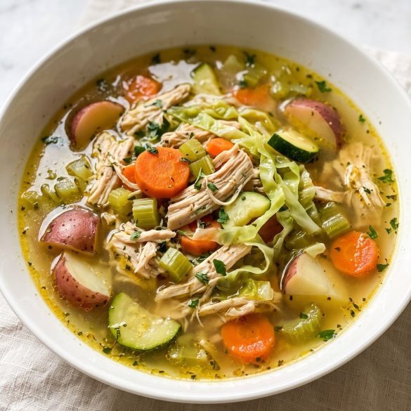 A bowl of chicken and vegetable stone soup with potatoes, carrots, zucchini and cabbage