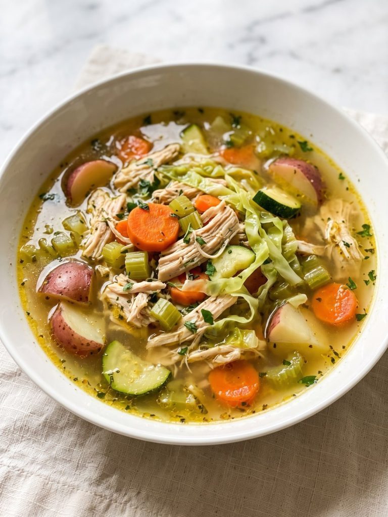 A bowl of chicken and vegetable stone soup with potatoes, carrots, zucchini and cabbage