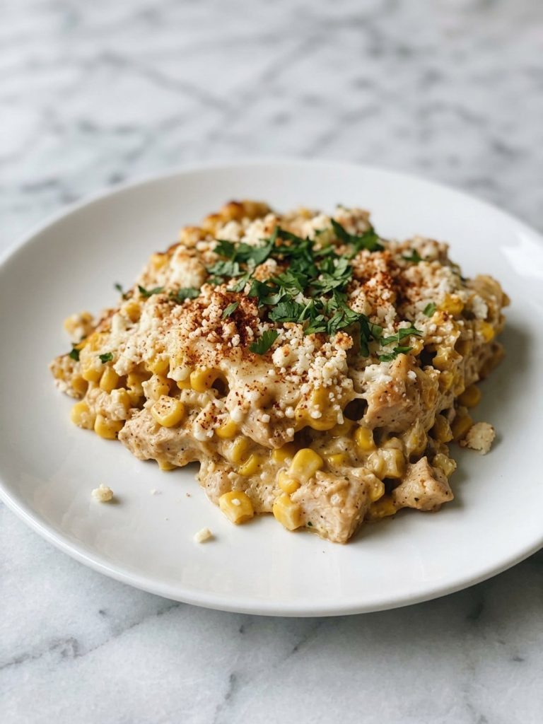 Close view of one served portion of creamy street corn chicken casserole with corn, chicken, cotija, and cilantro