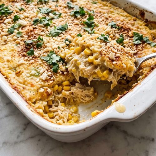 Street corn chicken casserole scooped from a ceramic baking dish, showing chicken, corn, and creamy filling