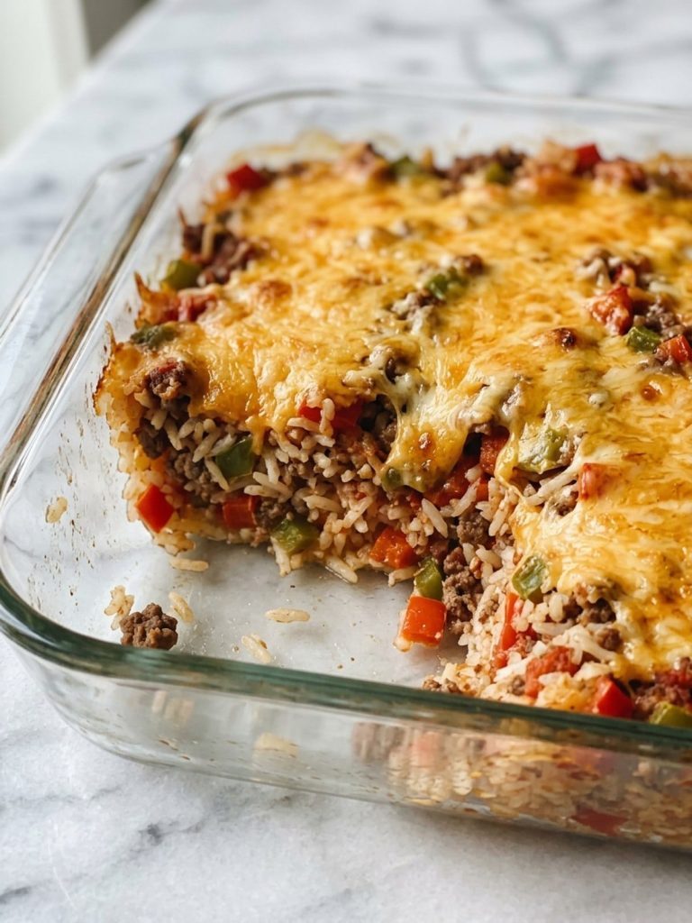Close side view of tender rice and diced peppers beneath the melted cheese on stuffed pepper casserole.