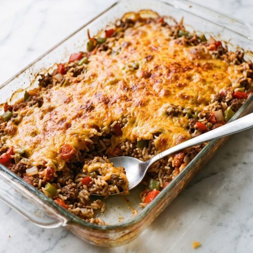 Stuffed pepper casserole scooped from a glass baking dish, showing beef, diced peppers, rice and melted cheese.
