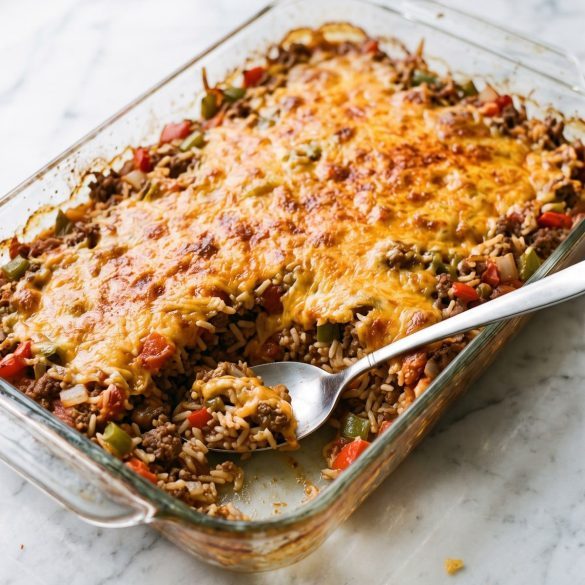 Stuffed pepper casserole scooped from a glass baking dish, showing beef, diced peppers, rice and melted cheese.