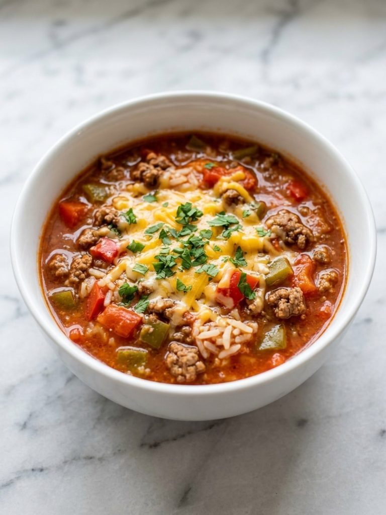 A bowl of stuffed pepper soup topped with melted shredded cheddar and parsley
