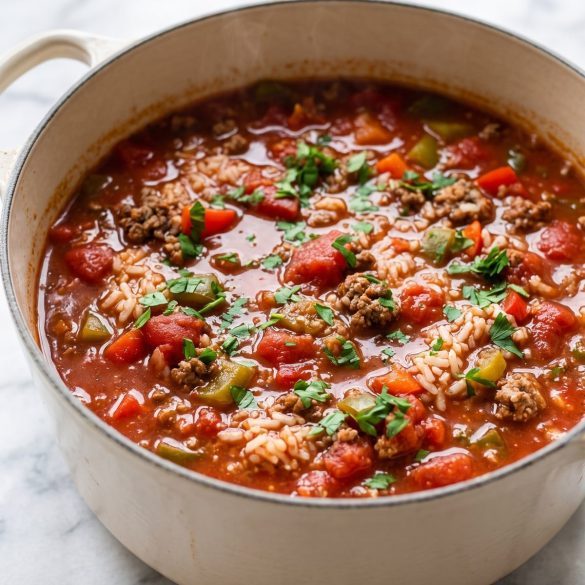 A pot of stuffed pepper soup with ground beef, red and green peppers and rice