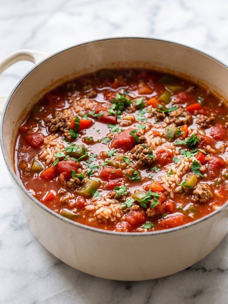 A pot of stuffed pepper soup with ground beef, red and green peppers and rice