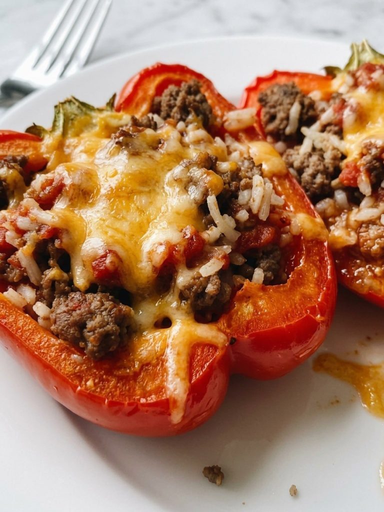 A stuffed bell pepper cut open on a plate showing the ground beef, rice, tomato and cheese filling