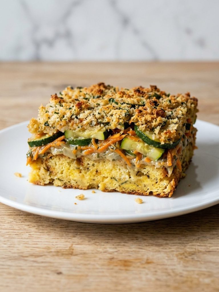 A serving of zucchini casserole showing stuffing layers and creamy zucchini