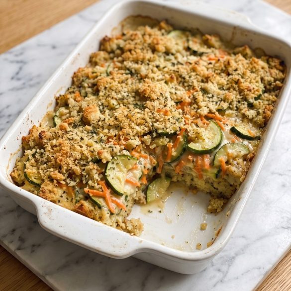 A 9x13 zucchini casserole with a golden stuffing mix topping and a creamy zucchini and carrot layer