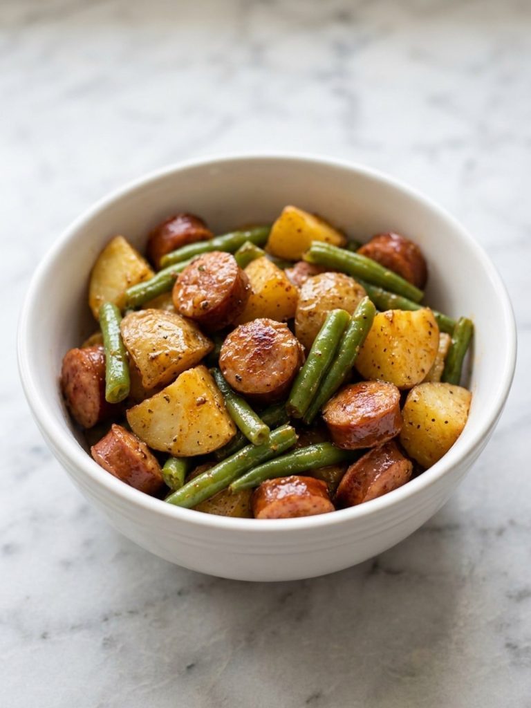 A bowl of swamp potatoes with sausage and green beans