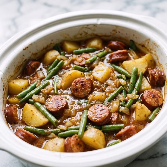 Swamp potatoes with smoked sausage and green beans in a buttery Cajun sauce in a slow cooker crock