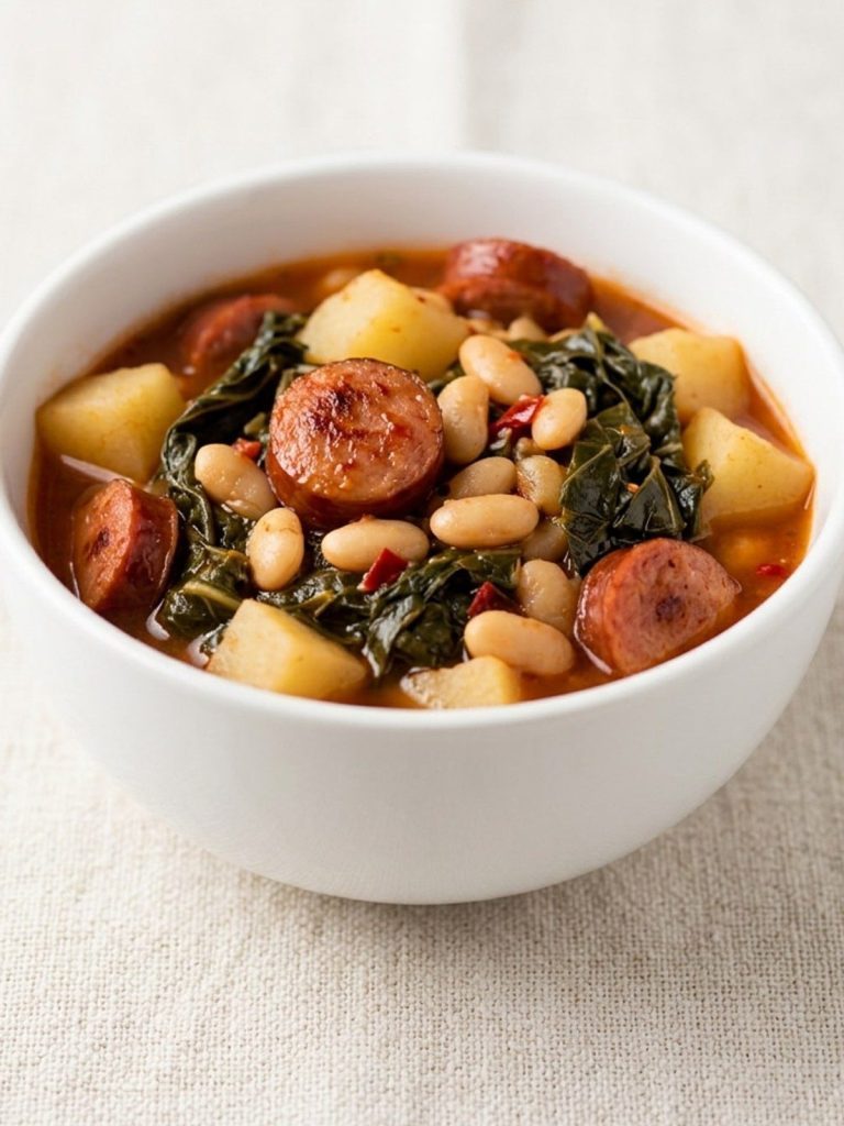 Close-up of smoked sausage, turnip greens, potatoes and navy beans in tomato broth
