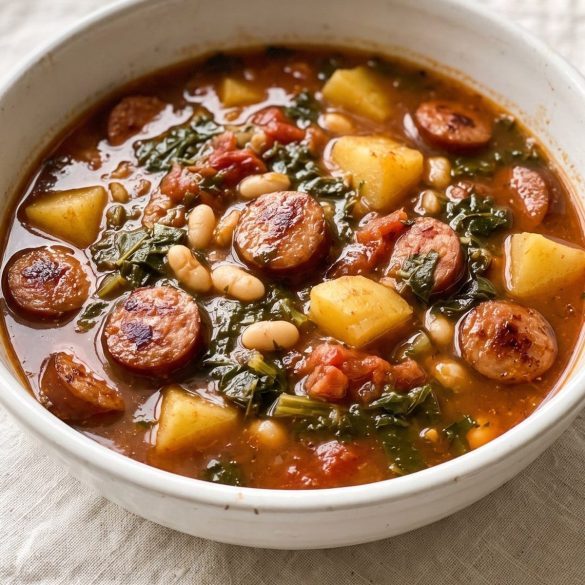 A bowl of swamp soup with smoked sausage slices, potatoes, turnip greens and white beans