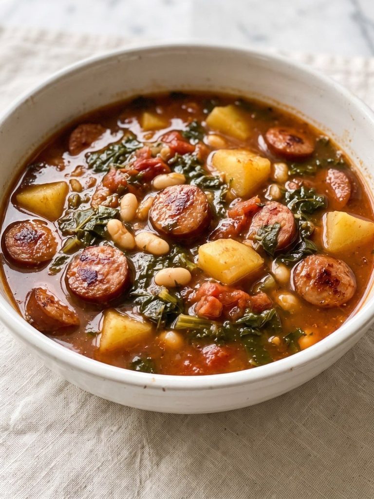 A bowl of swamp soup with smoked sausage slices, potatoes, turnip greens and white beans