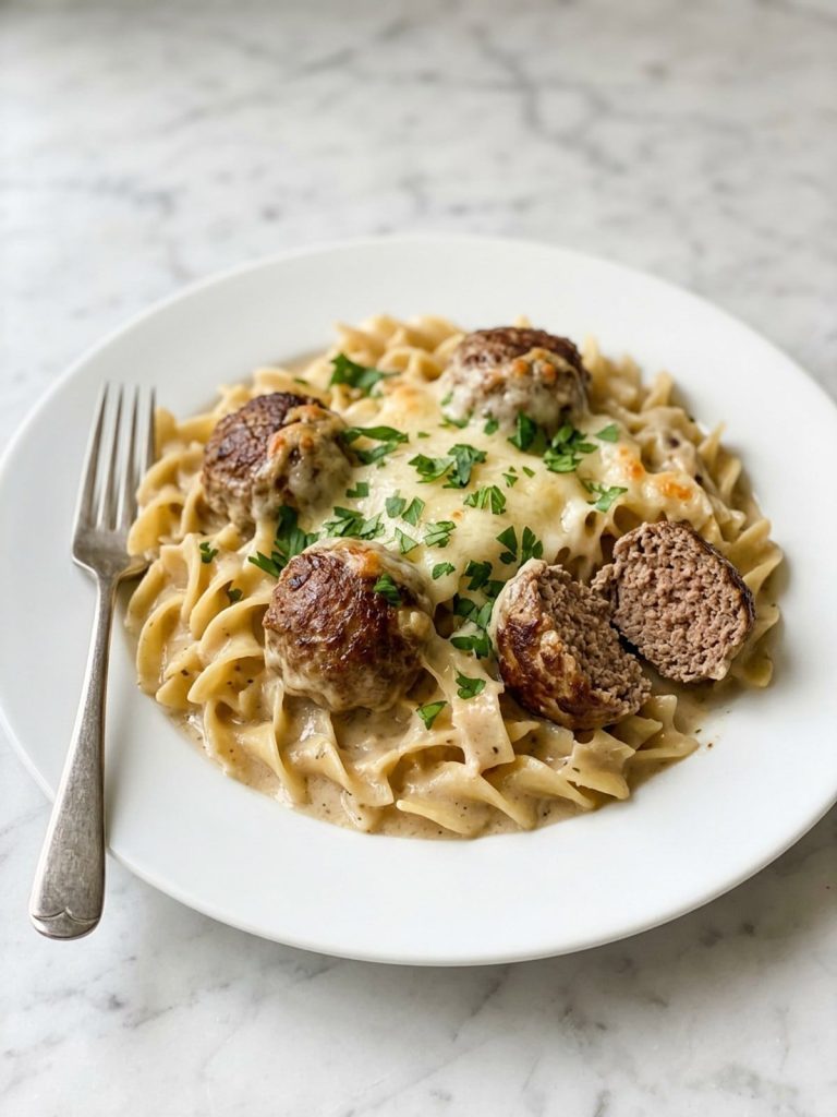 A white plate with a serving of Swedish meatball noodle bake: egg noodles in cream sauce with browned meatballs and melted Swiss cheese