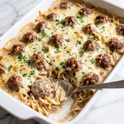 A white baking dish of Swedish meatball noodle bake with browned meatballs, egg noodles, creamy sauce and melted Swiss cheese, one serving scooped out