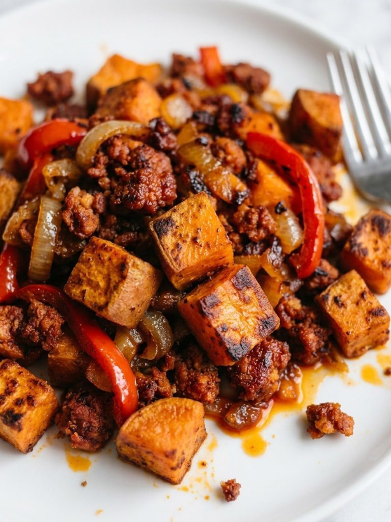 Close view of a white plate of sweet potato and chorizo hash with browned edges