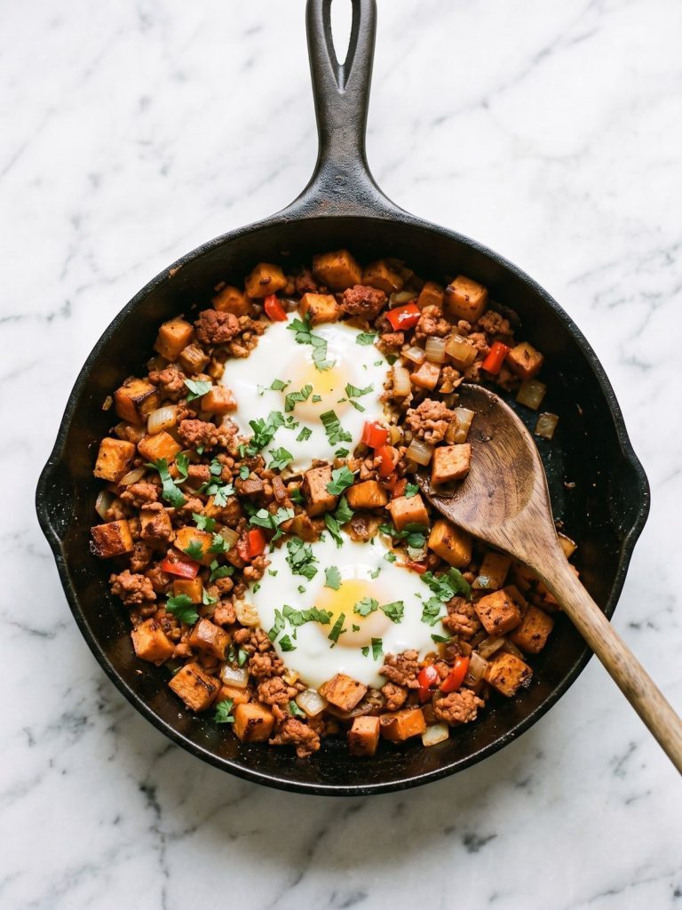 Sweet potato and chorizo hash in a cast-iron skillet with two eggs on top