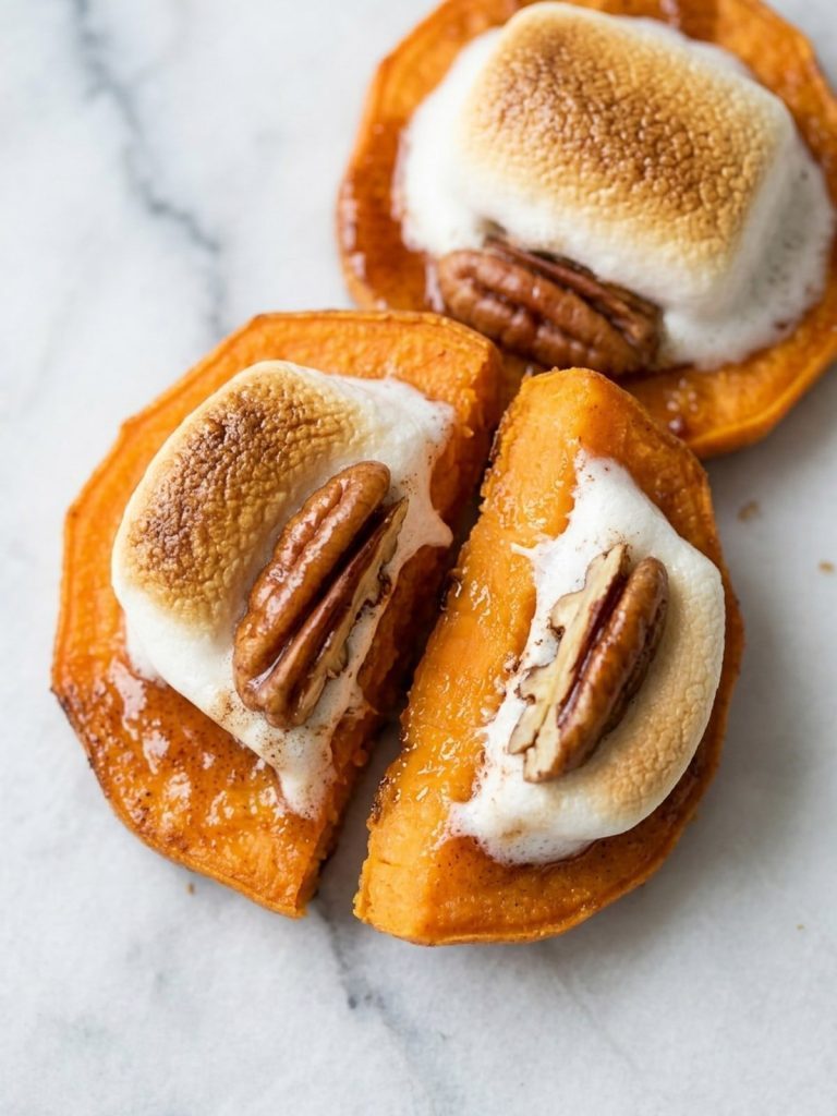 Close view of two sweet potato bites with golden toasted marshmallow and a pecan on a small white plate