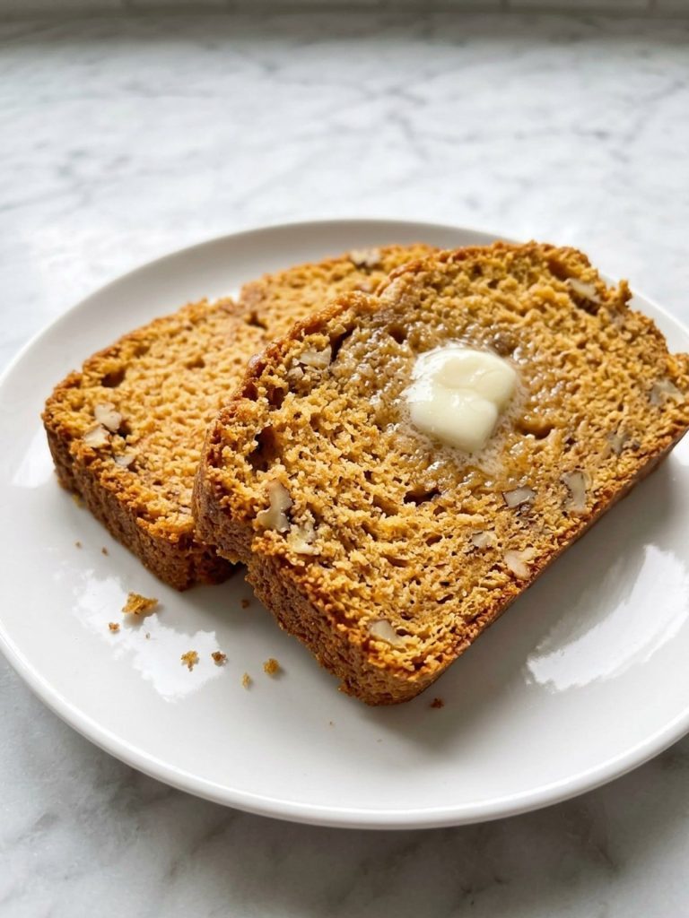 Two thick slices of sweet potato bread with a pat of butter