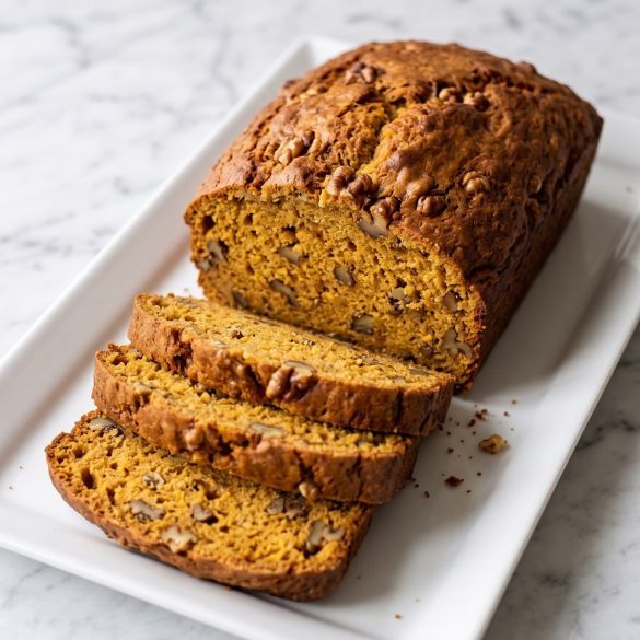 A loaf of sweet potato bread with walnuts, sliced to show a moist orange crumb