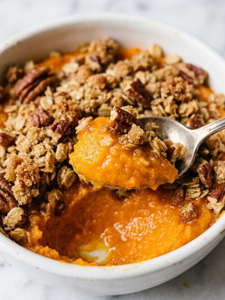 Close view of a spoonful of silky mashed sweet potatoes with oat and pecan crumble in a white bowl