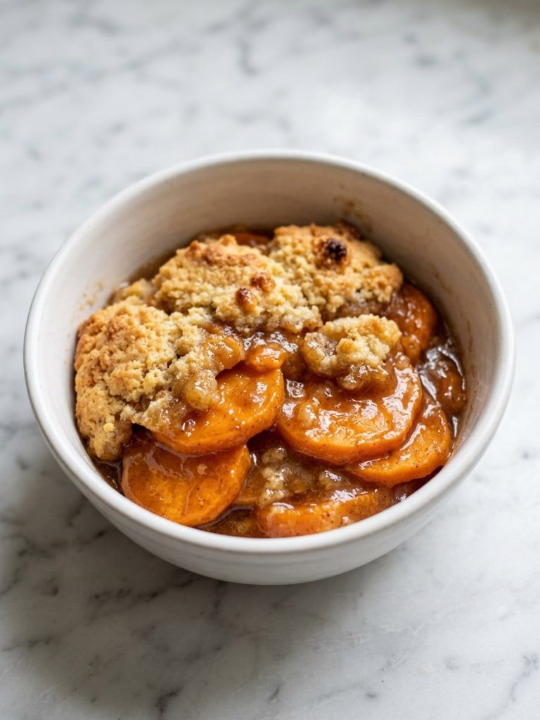 A bowl of warm sweet potato cobbler with orange sweet potato slices, syrup and golden crumble