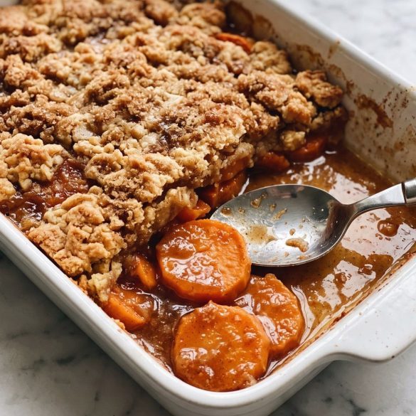 A 9x13 dish of sweet potato cobbler with a golden brown sugar crumble top