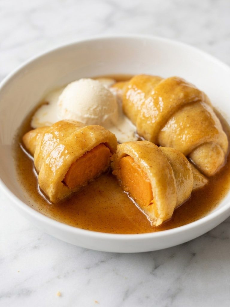 Two sweet potato dumplings in a bowl with cinnamon syrup and a scoop of vanilla ice cream