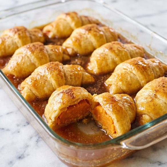A glass baking dish of golden crescent-wrapped sweet potato dumplings in a buttery cinnamon syrup