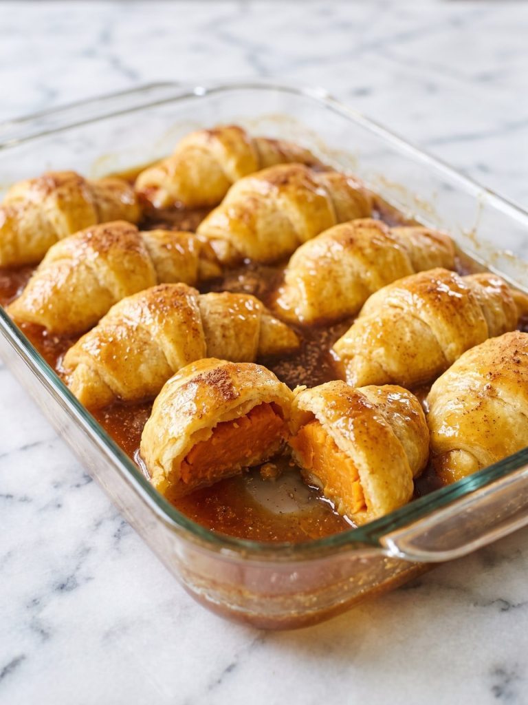 A glass baking dish of golden crescent-wrapped sweet potato dumplings in a buttery cinnamon syrup