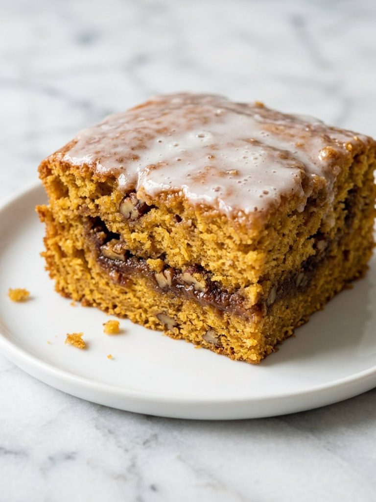 A square of sweet potato honey bun cake showing the gooey cinnamon swirl