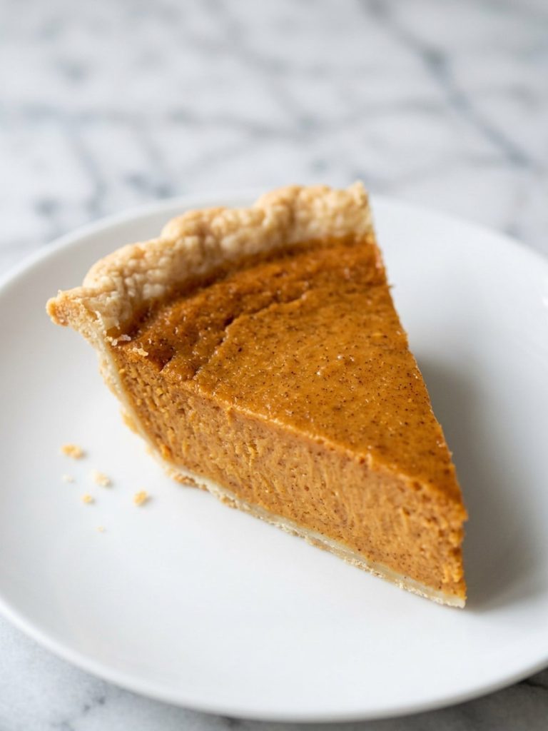 Close view of a chilled sweet potato pie slice showing its creamy filling and golden crust.